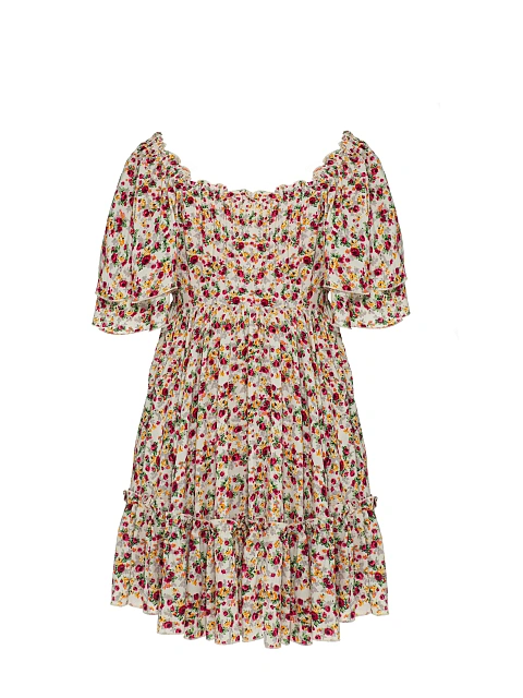 Beige & Red Floral Print Cotton Mini Dress With Ruffles, 2 Beige & Red Floral Print Cotton Mini Dress With Ruffles, 2