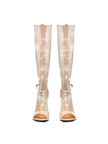 Beige Knee High Mesh Rhinestone Heels, 2