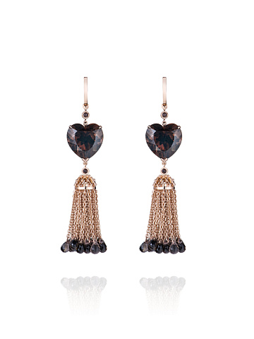 Heart Smoky Quartz, Briolette Smoky Quartz & Rose Gold Tassel Earrings, 1