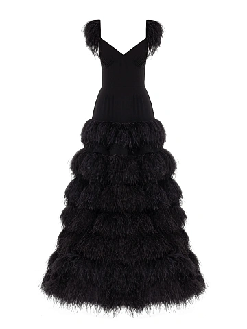 Black Feather Trim Chiffon Maxi Dress, 1