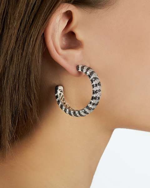 White Gold, Black & White Diamonds Hoop Earrings, 2