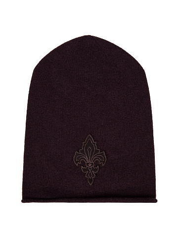Purple Fleur De Luce Embroidered Cashmere Beanie, 1
