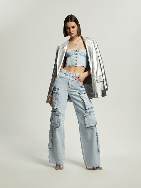 Light Blue Wide Leg Cargo Jeans, 2