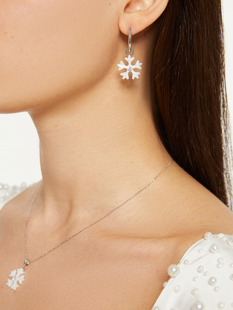 White gold hoops with zircon and carved mother-of-pearl snowflakes, 2