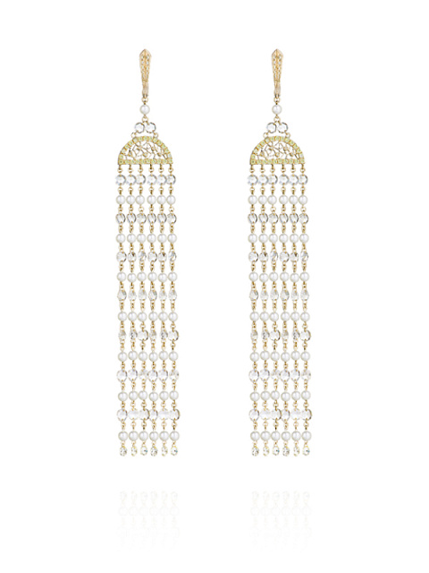 Yellow Fancy Cut Diamond, Yellow Briolette Diamond, Yellow Pearl & Gold Earrings, 1