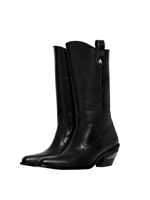 Black Shearling High Cowboy Boots, 1