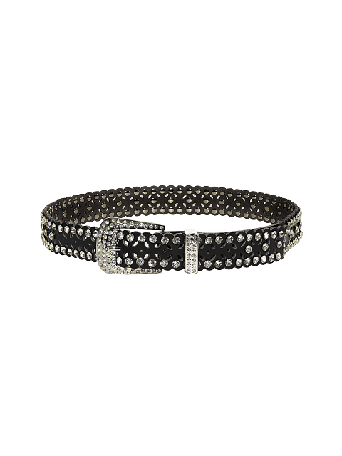 Black Rhinestone Perforated Faux Leather Belt, 3 Black Rhinestone Perforated Faux Leather Belt, 3