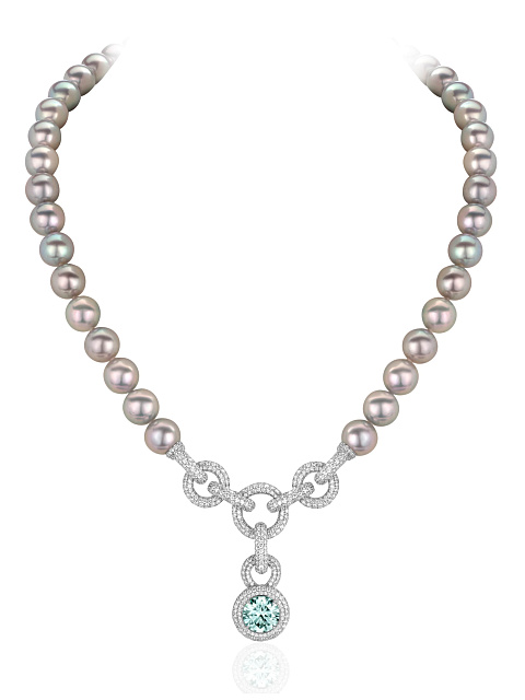 White gold pendant necklace with blue Akoya pearl and diamonds, 1