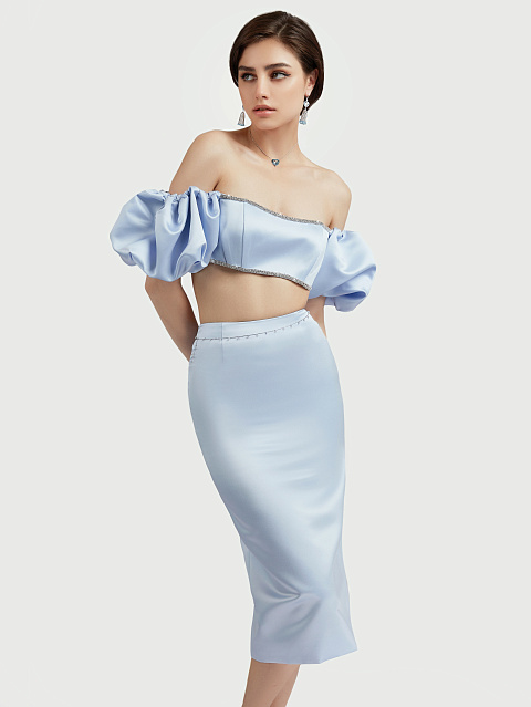 Light Blue Rhinestones Trimmed Satin Top, 5 Light Blue Rhinestones Trimmed Satin Top, 5