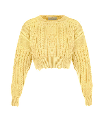 Yellow Cotton Cropped Cable Knit Sweater, 1