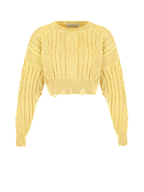 Yellow Cotton Cropped Cable Knit Sweater, 1 Yellow Cotton Cropped Cable Knit Sweater, 1
