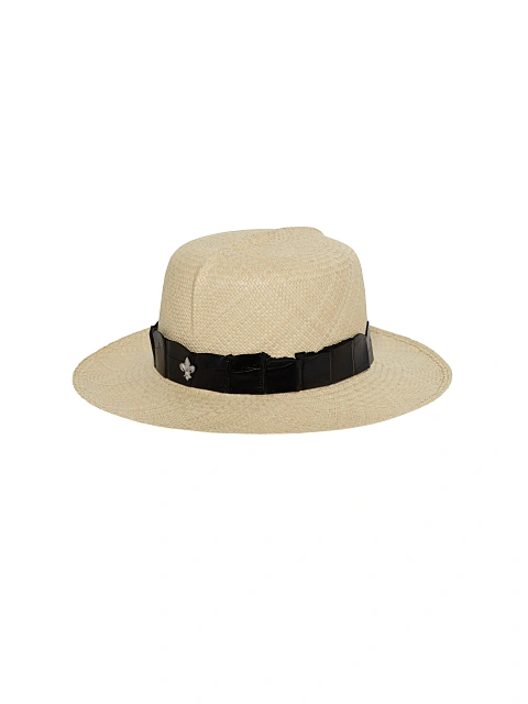 Black Crocodile Leather Trimmed Lily Straw Hat, 1 Black Crocodile Leather Trimmed Lily Straw Hat, 1