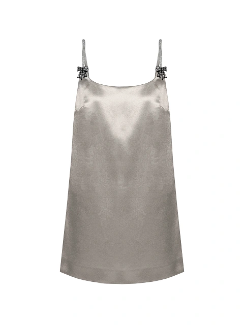 Silver satin mini dress with rhinestone bows, 1 Silver satin mini dress with rhinestone bows, 1