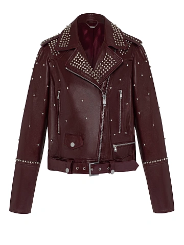 Bordeaux Studded Leather Biker Jacket, 1