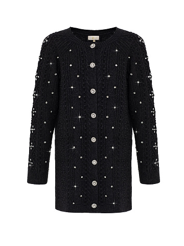 Black Rhinestones Long Wool Cardigan, 1