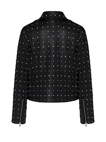 Black Rhinestones Leather Biker Jacket, 2