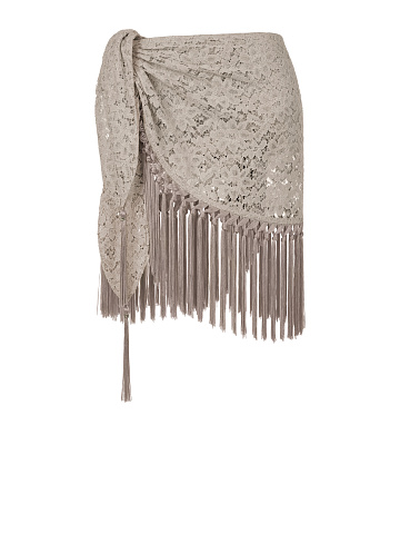 Beige Lace Cotton Wrap Mini Skirt, 1