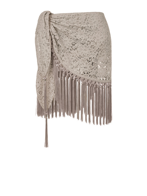 Beige Lace Cotton Wrap Mini Skirt, 1