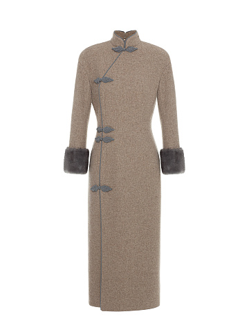 Beige Wool Midi Dress With Mink Fur Cuffs, 1
