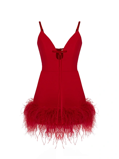 Red Feather Trim Jersey Mini Dress, 1 Red Feather Trim Jersey Mini Dress, 1