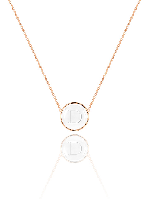 Necklace with a pendant with the letter D in rose gold with rock crystal, 1
