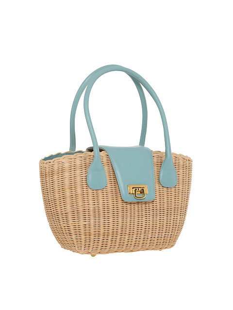 Straw Tote Bag with Mint Leather Trim, 2 Straw Tote Bag with Mint Leather Trim, 2