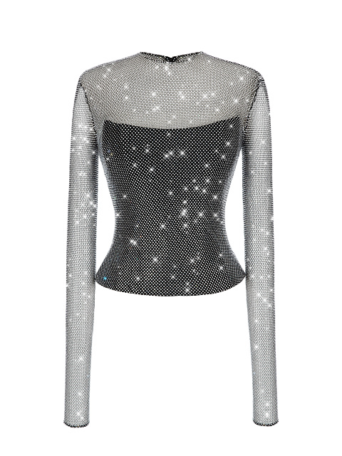Black Rhinestones Mesh Longsleeve Top, 1 Black Rhinestones Mesh Longsleeve Top, 1