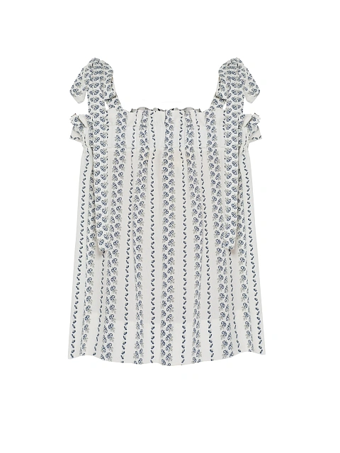 White Top With Blue Print And Tie Straps, 1 White Top With Blue Print And Tie Straps, 1