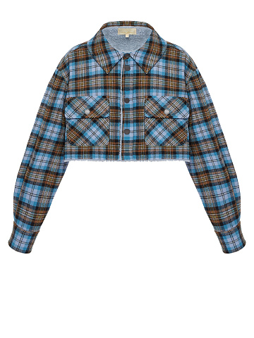 Blue Checked Cropped Faux Fur Lined Shirt, 1