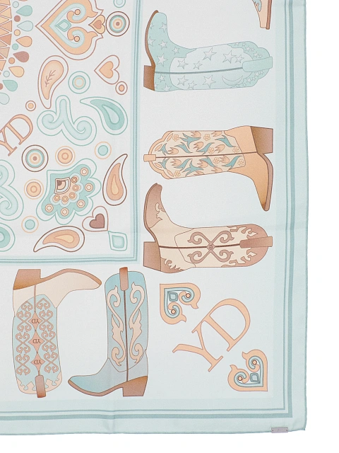 Light blue silk scarf with brown western-style print, 2 Light blue silk scarf with brown western-style print, 2