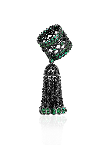Black Silver & Green Cubic Zirconia Tassel Ring, 1