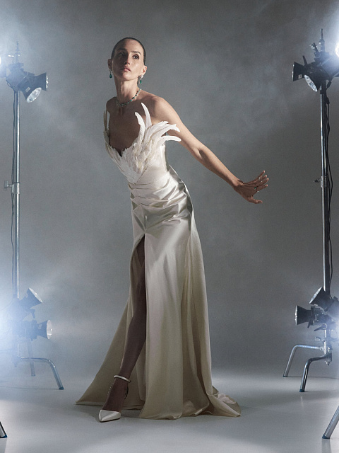 Beige Open Shoulder Feather Silk Maxi Dress, 2 Beige Open Shoulder Feather Silk Maxi Dress, 2