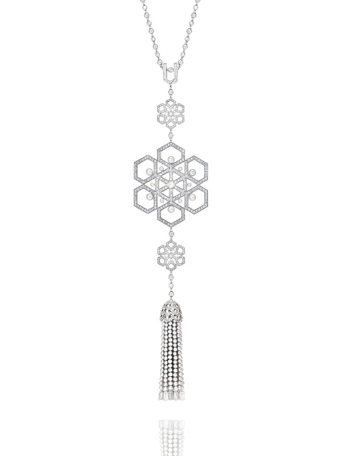 Gray Pearl Akoya & Spinel & Baguette Diamond & Black Gold Tassel Necklace, 2