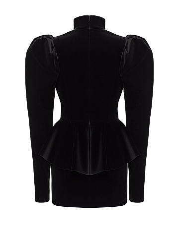 Black Lace Trim Peplum Velvet Mini Dress, 2