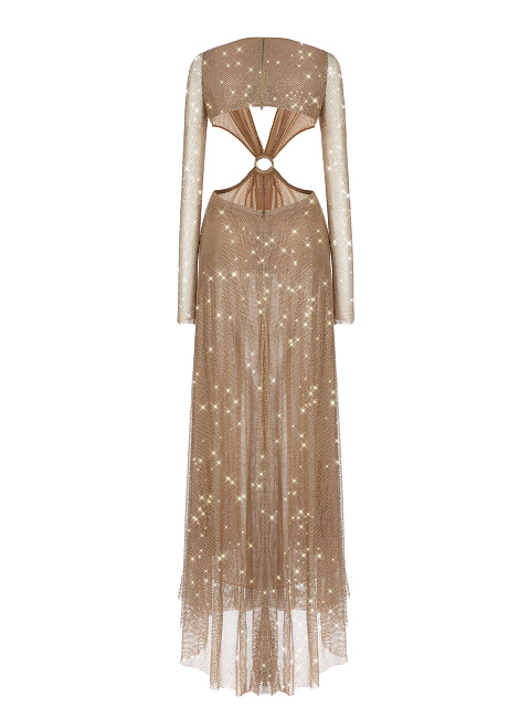 Beige Mesh Rhinestones Cut-out Maxi Derss, 2 Beige Mesh Rhinestones Cut-out Maxi Derss, 2