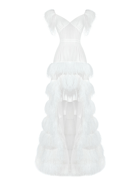 White Feathers Trimmed Bridal Dress , 1 White Feathers Trimmed Bridal Dress , 1