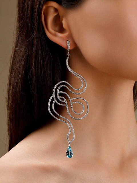 White Gold Aquamarine & Morganite & Diamond Snake Earrings, 5