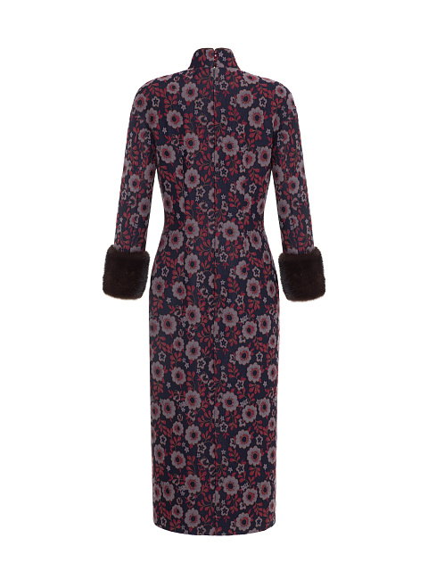 Jacquard Midi Dress With Mink Fur Cuffs, 2