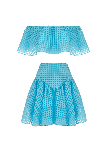 Blue Checked Chiffon Top & Mini Skirt, 1