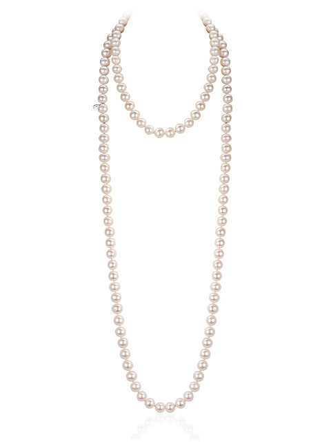White gold necklace with pearl beads, 130 cm, 1