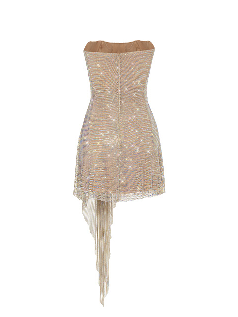 Beige Rhinestones Mesh Mini Dress, 2 Beige Rhinestones Mesh Mini Dress, 2