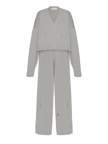 Grey Knitted Cardigan, Top & Pants Set, 2