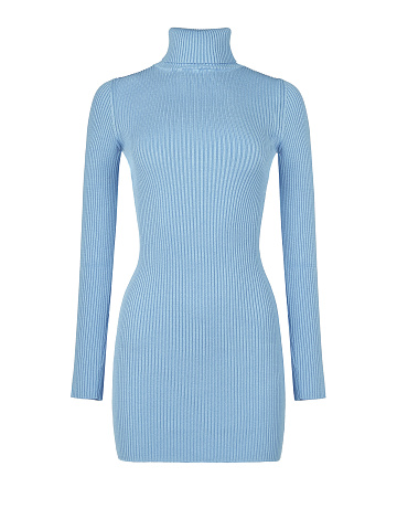 Light Blue Rib Knit Turtleneck Mini Dress, 1