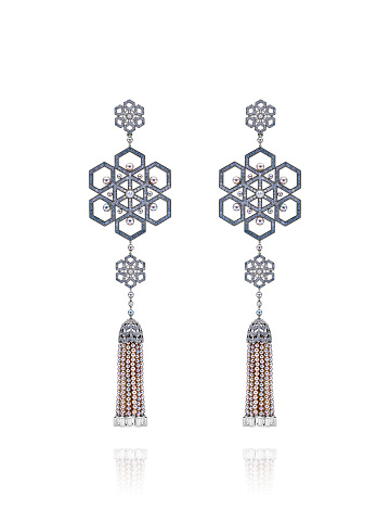 White Gold Spinel Diamond Sapphire Tassel Earrings, 1