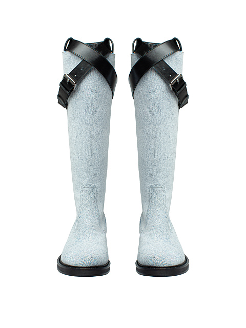 Light Blue Denim & Leather Buckled Knee Boots, 2