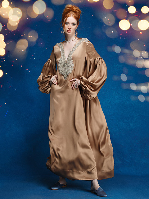 Brown Embroidered Silk Midi Dress, 6