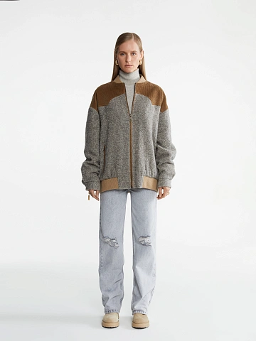 Grey Lurex Boucle Wool Bomber Jacket, 2
