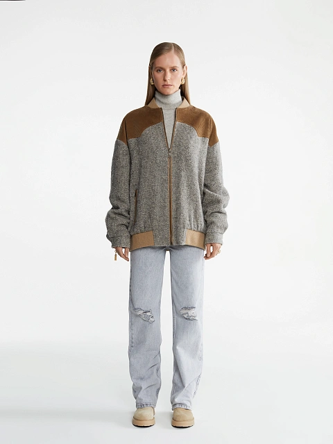 Grey Lurex Boucle Wool Bomber Jacket, 2 Grey Lurex Boucle Wool Bomber Jacket, 2
