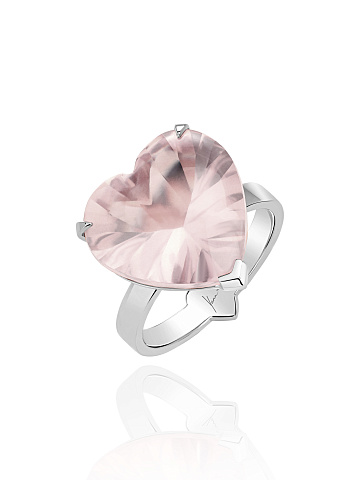 Heart Rose Quartz, Round Ruby & White Gold Ring, 1