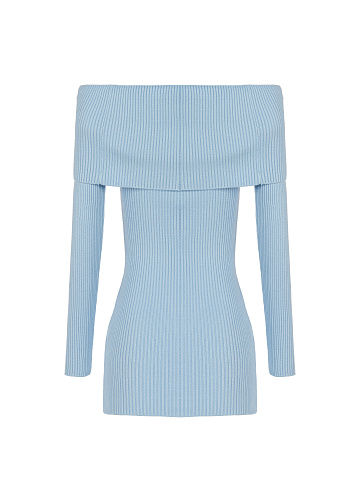 Light Blue Open Shoulder Rib Knit Mini Dress, 2
